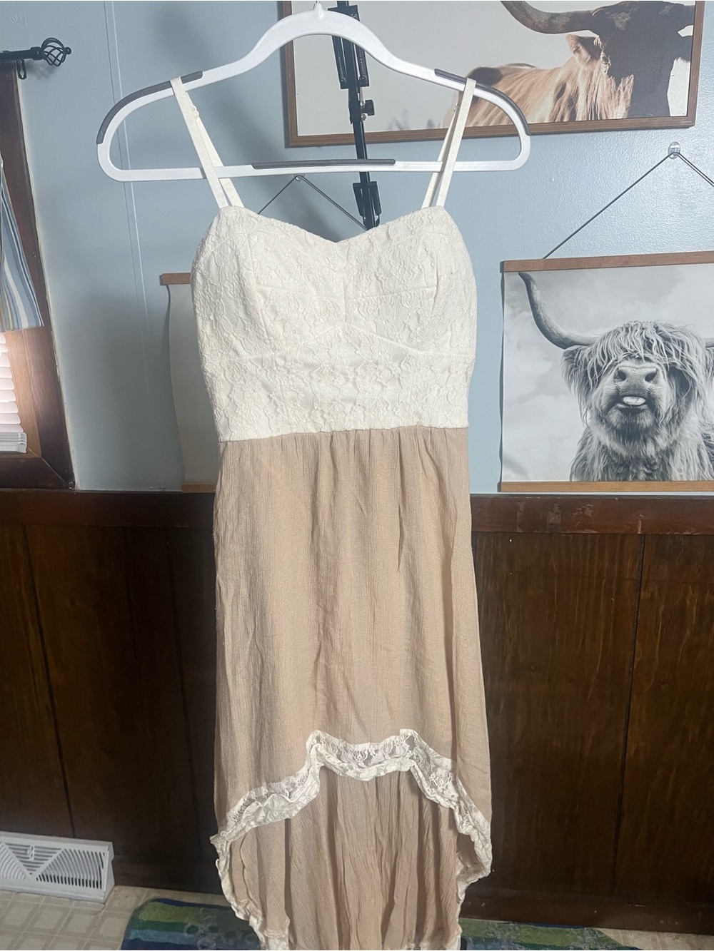 Lily Rose Cream Lace Bodice Tan High-Low Dress